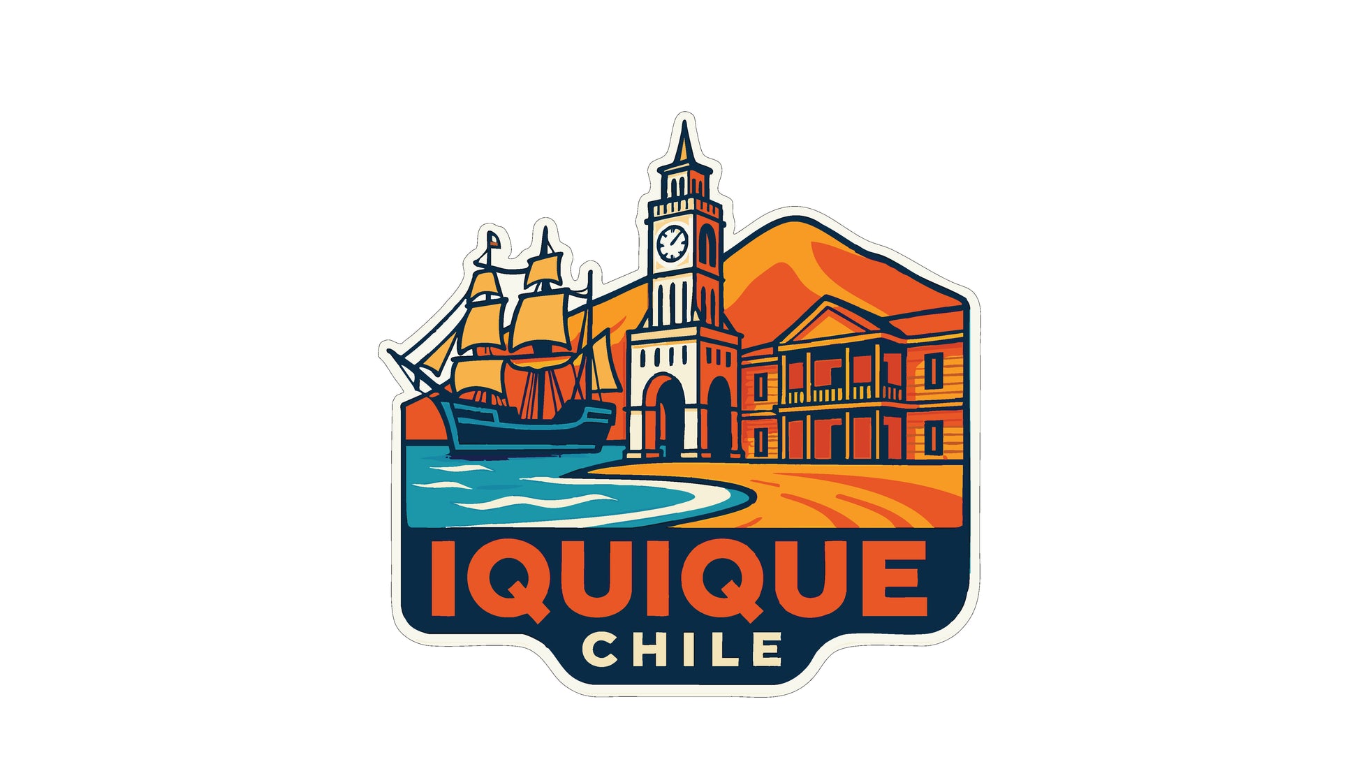 a colorful illustration of a ship, a clock tower, and a building, with the text "IQUIQUE CHILE" prominently displayed.