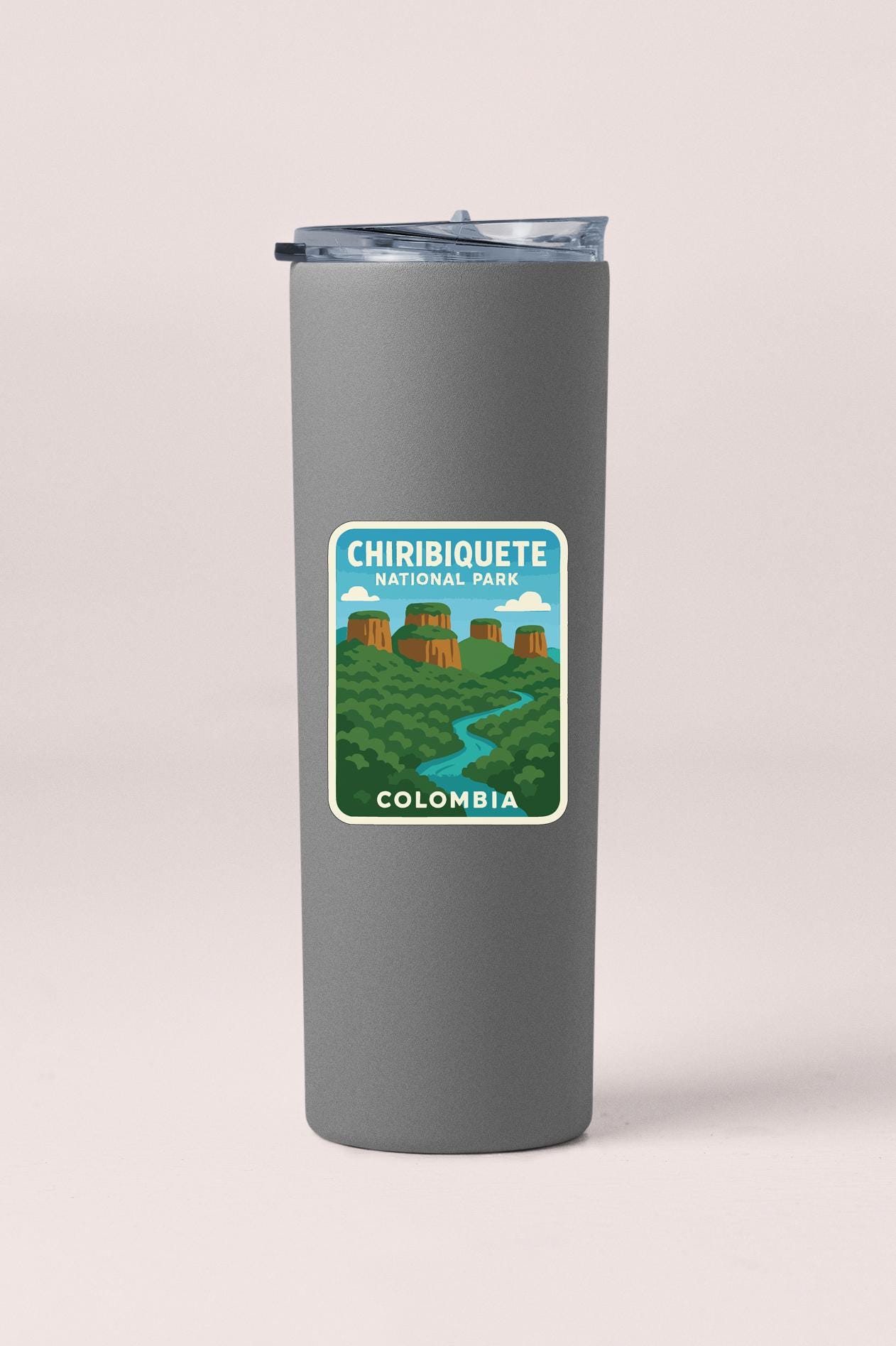 A gray insulated tumbler with a label that says "CHIBIQUOTE NATIONAL PARK COLOMBIA".
