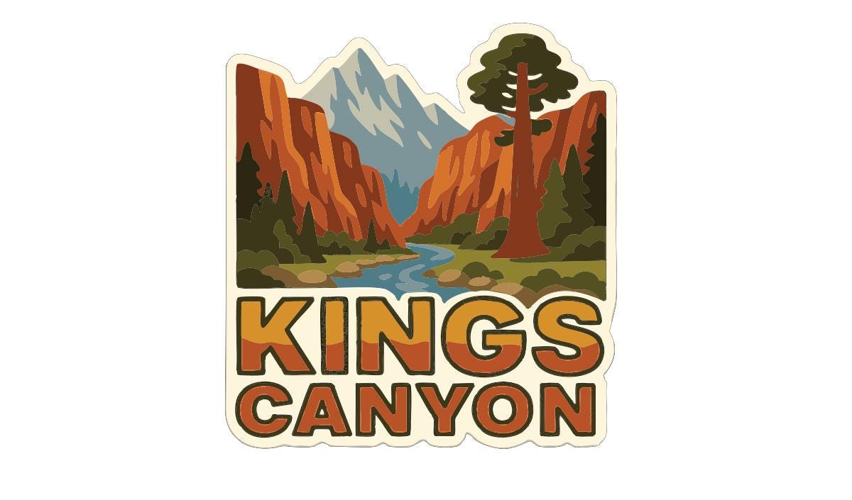A stylized logo for Kings Canyon National Park, featuring a mountain landscape with a river and trees.