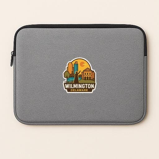 A gray laptop sleeve with a sticker of Wilmington, Delaware, featuring a cityscape and a lighthouse.