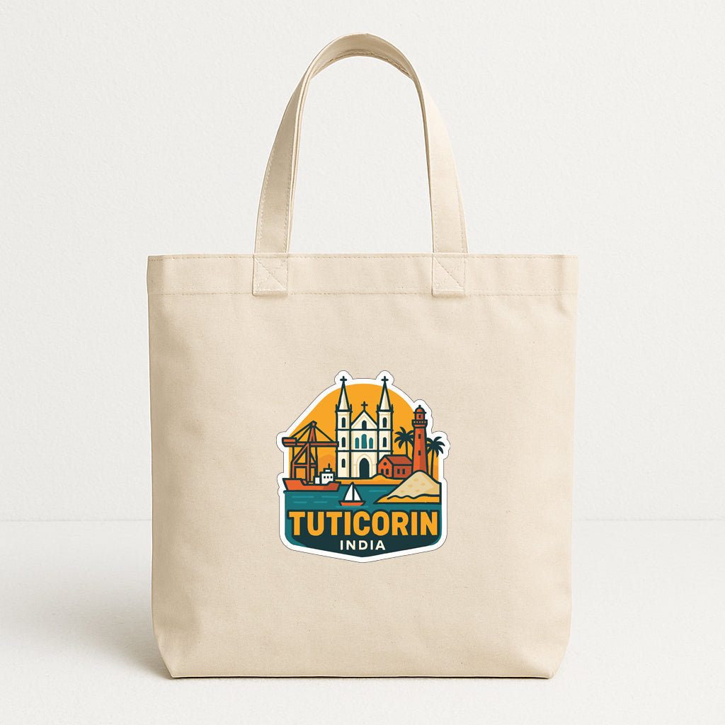 A beige tote bag with a printed design depicting a cityscape and the text "TUTICORIN INDIA".