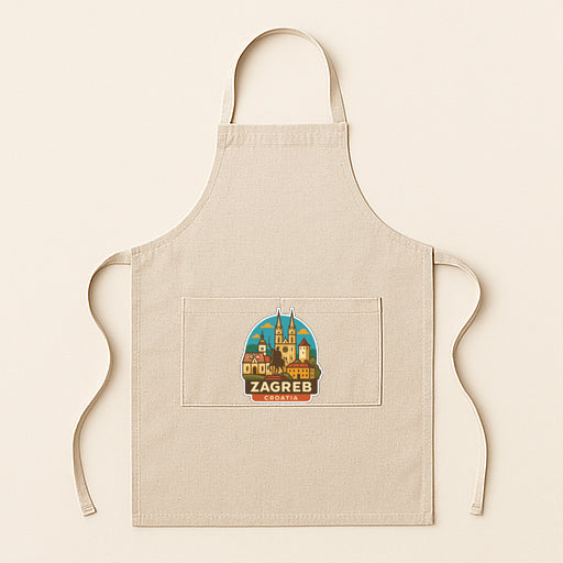 A beige apricot with a graphic design on the front pocket, featuring a cityscape and the text "Zagreb".