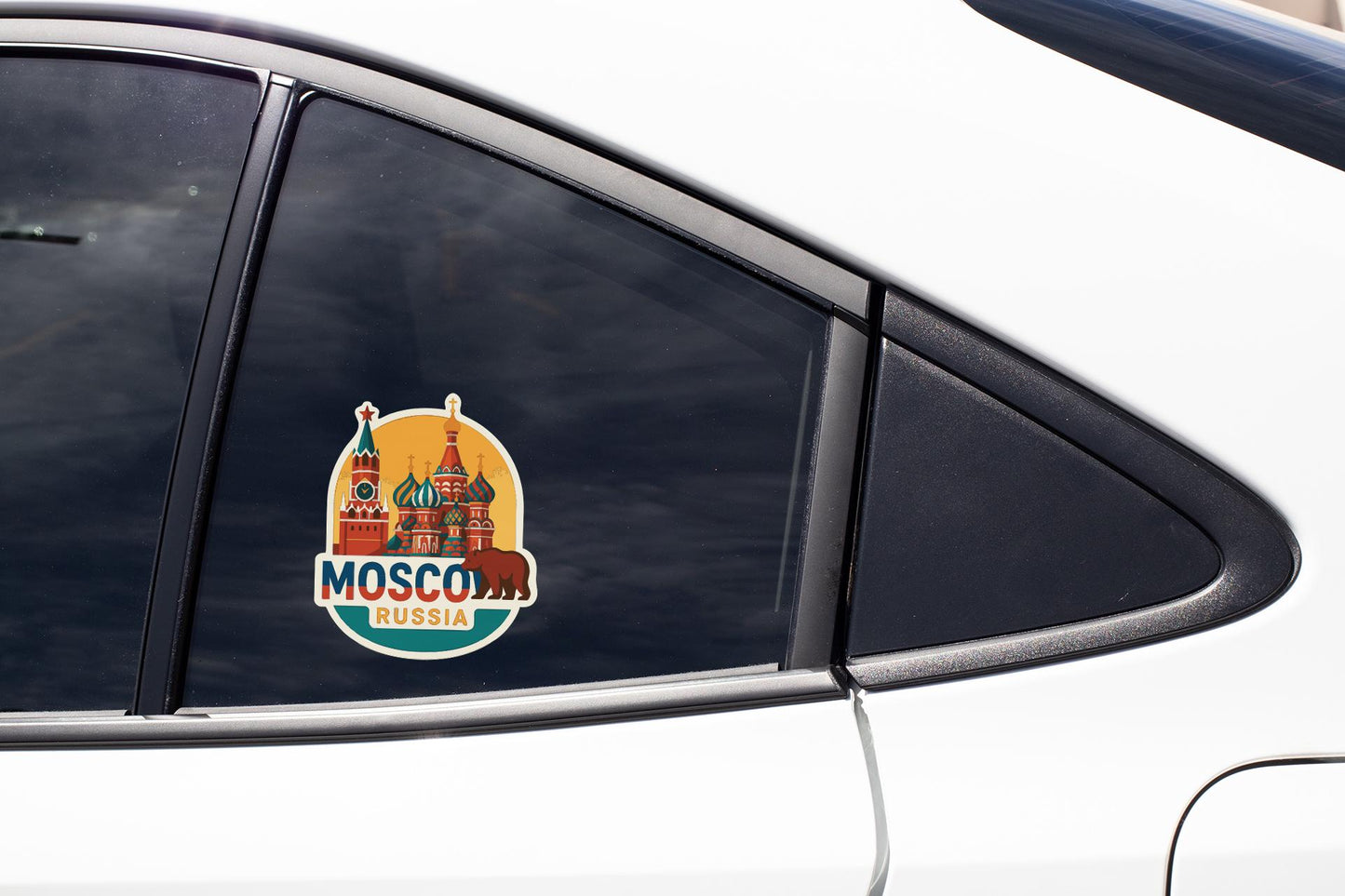 A sticker on the side of a car window, depicting the Kremlin in Moscow, Russia.