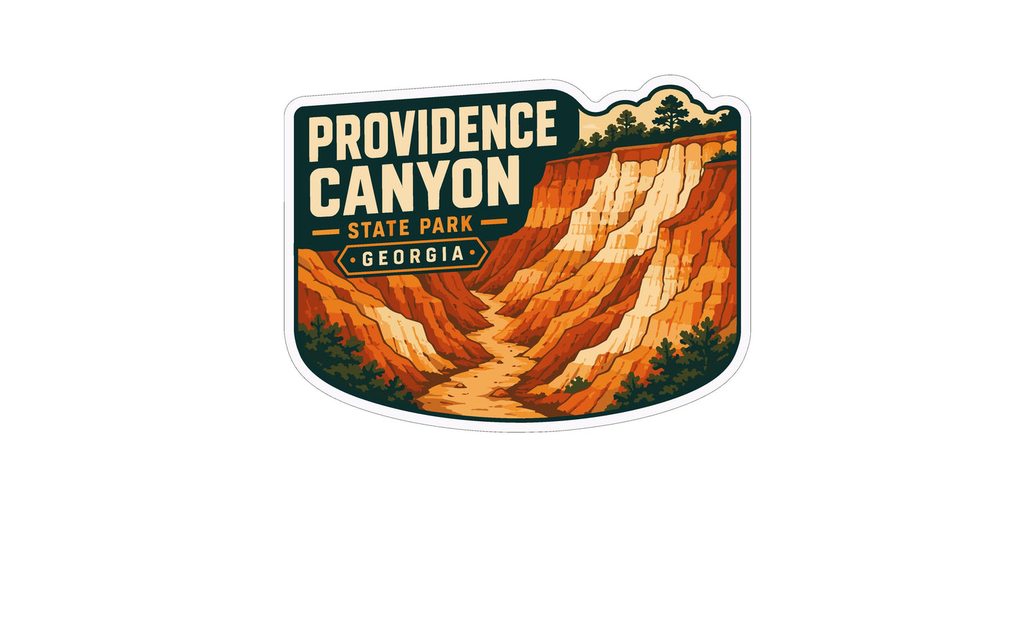 The image is a sticker or label featuring the scenic landscape of Providence Canyon, a renowned natural landmark in Georgia.