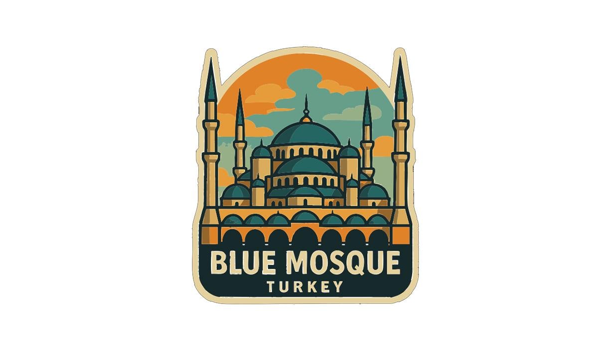 A sticker or illustration depicting the Blue Mosque in Istanbul, Turkey, with the text "BLUE MOSQUE TURKEY" prominently displayed.