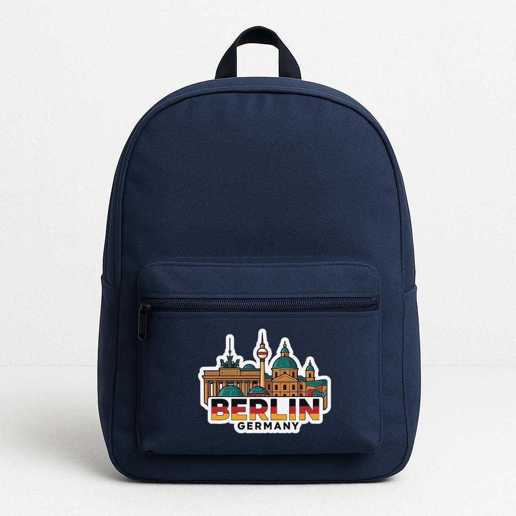 A navy blue backpack with a graphic of Berlin, Germany, printed on it.
