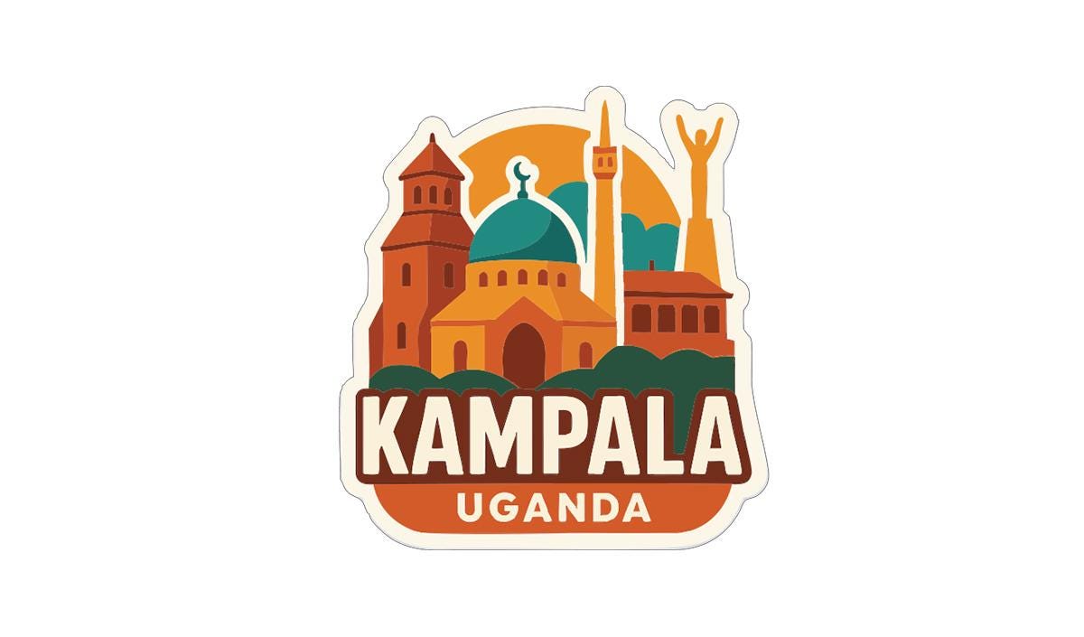 A sticker or emblem featuring the skyline of Kampala, Uganda, with various buildings and landmarks depicted in a stylized manner.