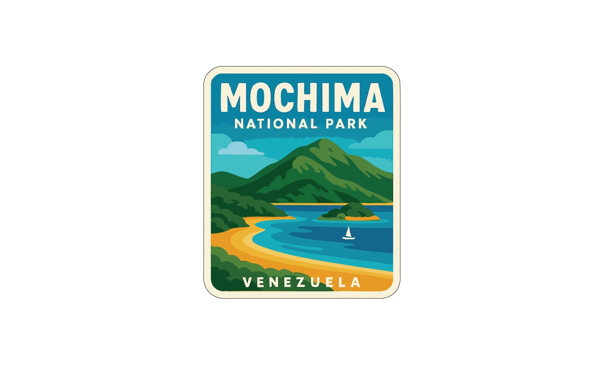 a sticker or label with a scenic illustration of Mochima National Park in Venezuela, depicting a beach, mountains, and a small boat on the water.