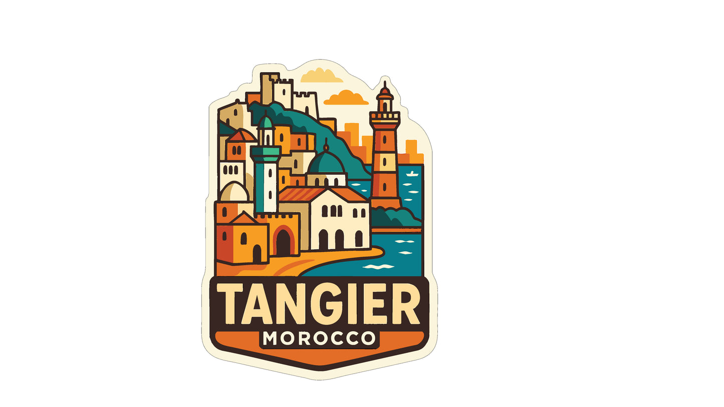 a colorful illustration of a coastal town with buildings, a lighthouse, and a body of water.