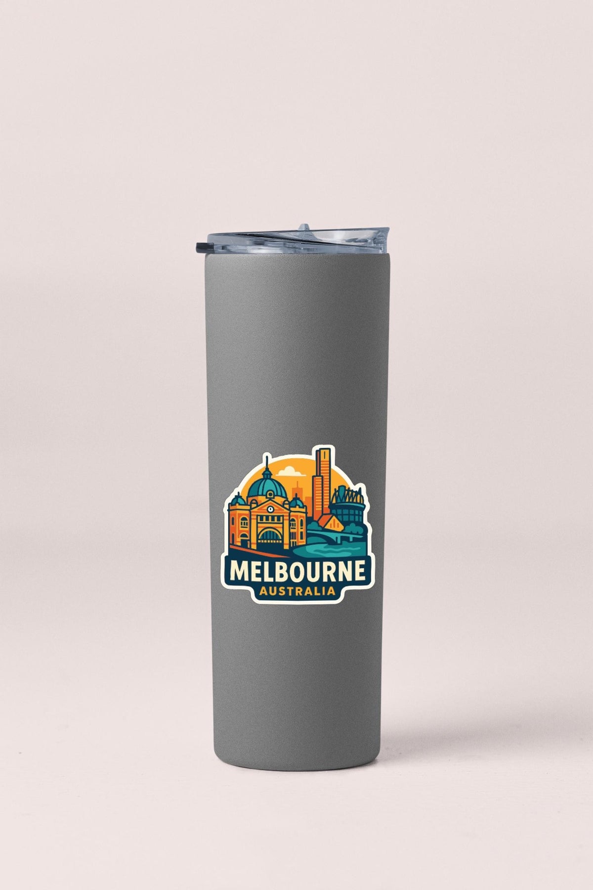 A gray insulated tumbler with a logo depicting the Melbourne, Australia skyline.