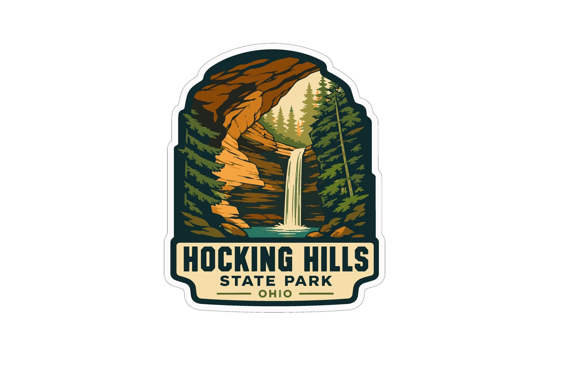 A sticker or emblem featuring a waterfall surrounded by trees and mountains, with the text "HOCKING HILLS STATE PARK, OHIO" prominently displayed.