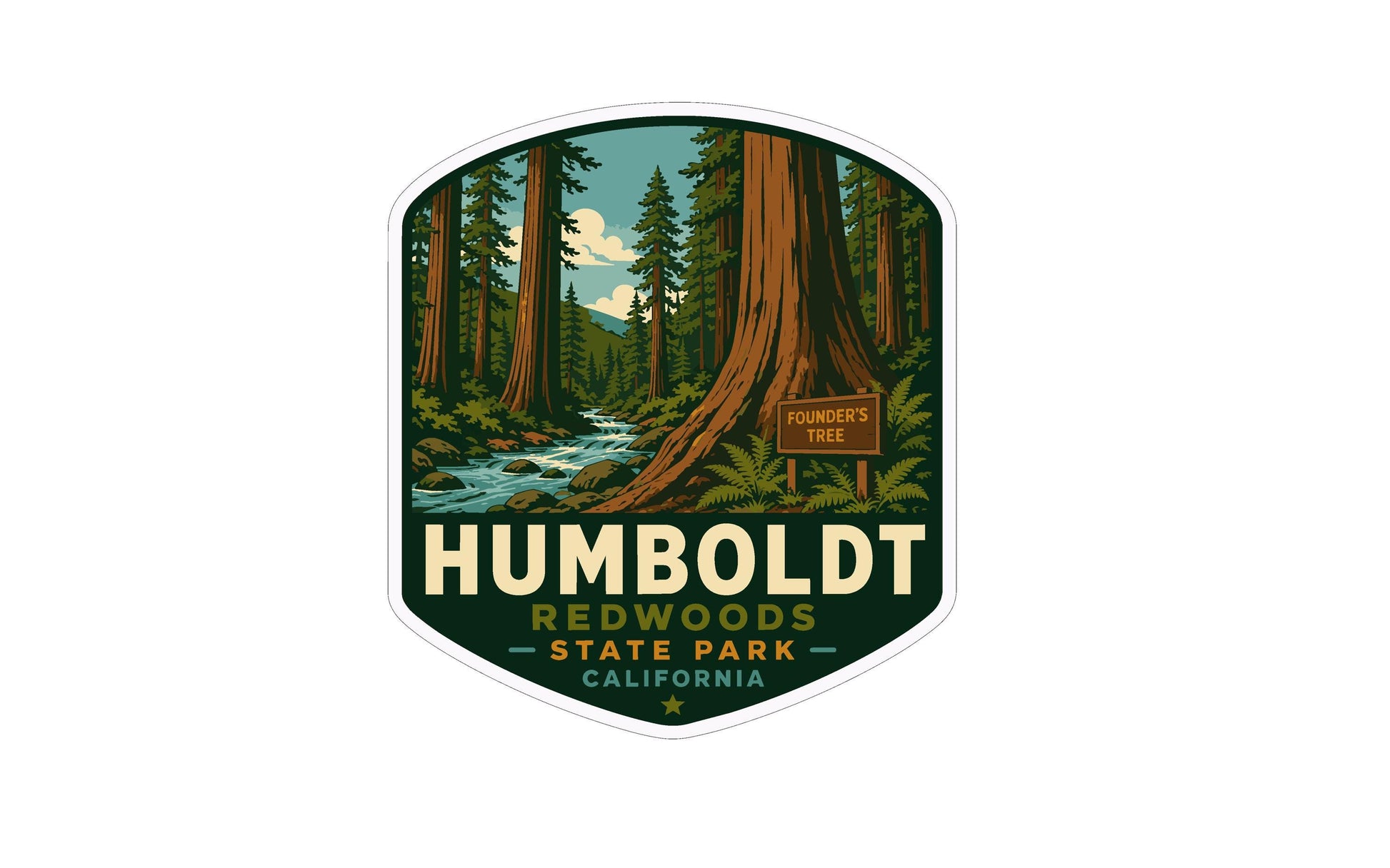 a sticker or emblem with a forest scene, including tall trees, a stream, and a sign indicating the location as Humboldt Redwoods State Park in California.