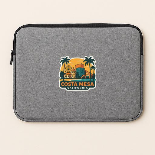 a gray laptop sleeve with a colorful sticker depicting a beach scene and palm trees, along with the text "Costa Mesa, California".