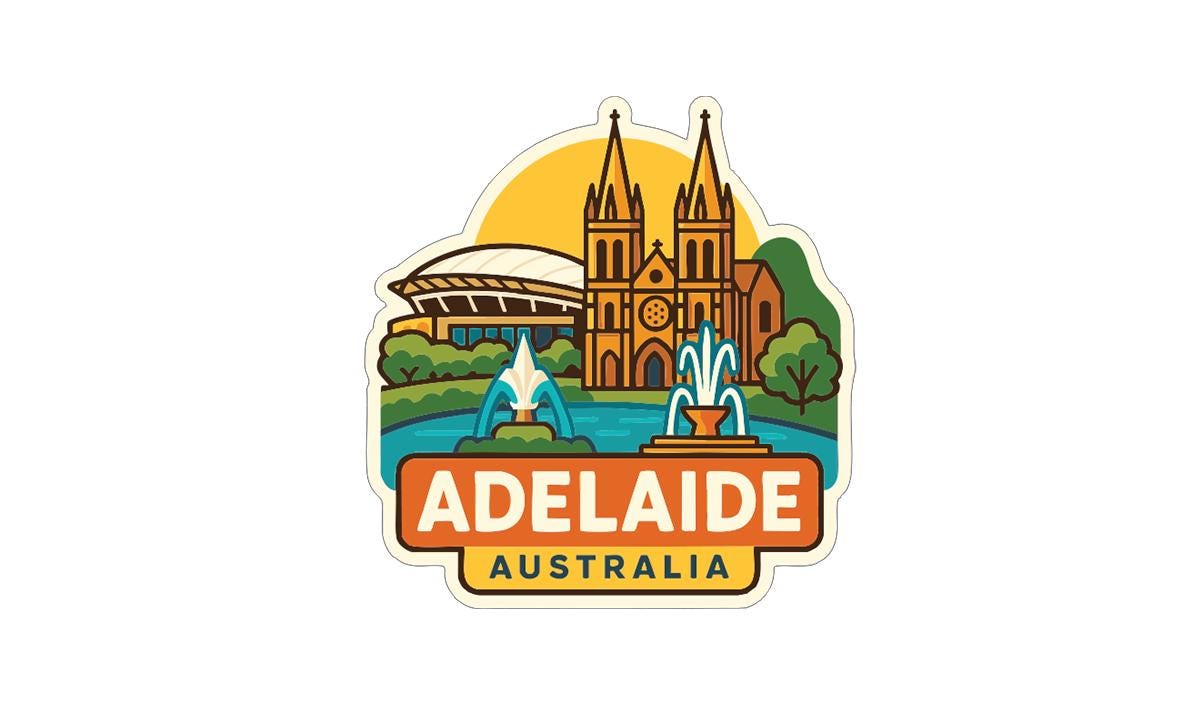a stylized illustration of the city of Adelaide, Australia, with various landmarks and elements that represent the city's unique character.