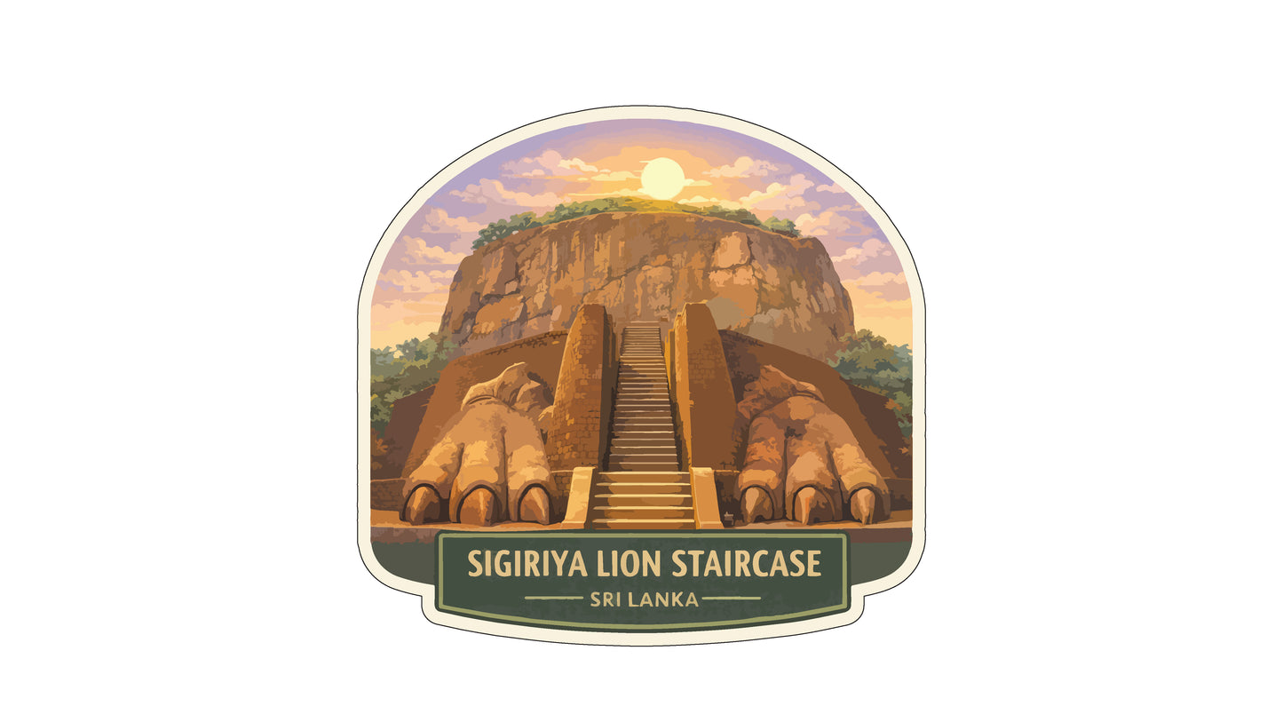 a sticker or label with an illustration of a lion's head and a staircase leading up to a mountain. The text below the illustration reads "SIGIRIYA LION STAIRCASE" and "SRI LANKA".