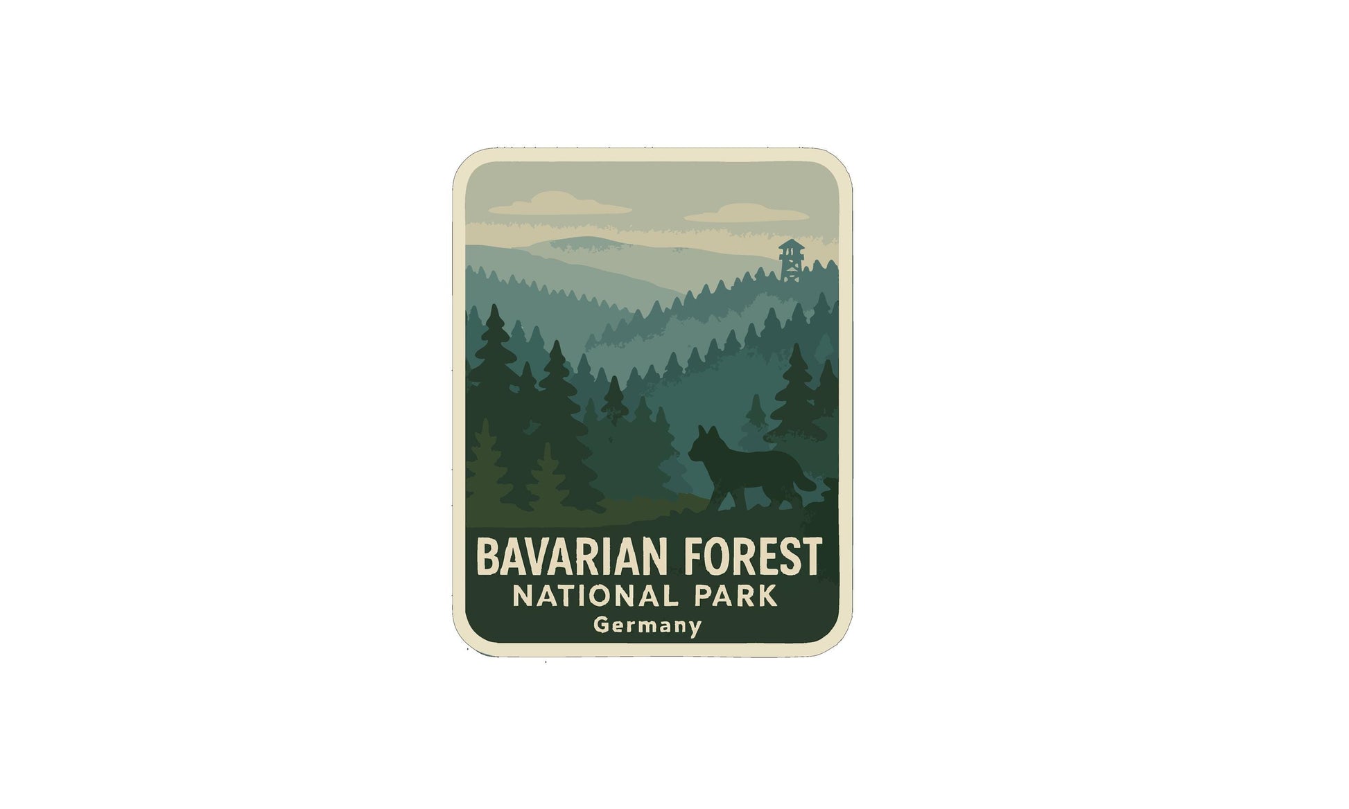 The image is a sticker or label for the Bavarian Forest National Park in Germany, featuring a forest landscape with a wolf silhouette in the foreground.
