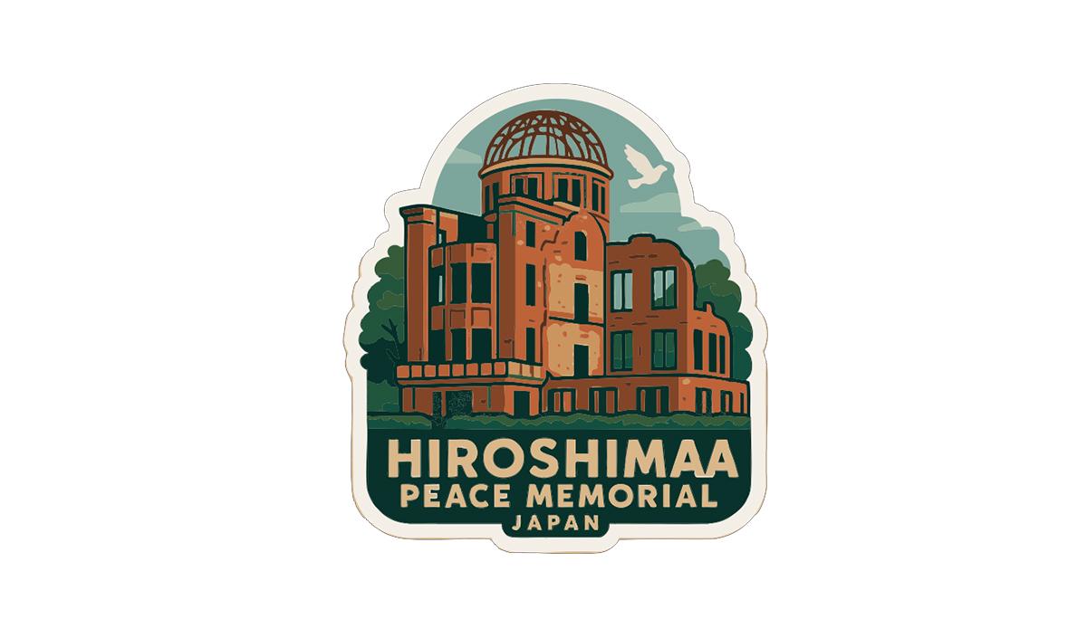 A sticker depicting the Hiroshima Peace Memorial in Japan, featuring a stylized illustration of the memorial building.