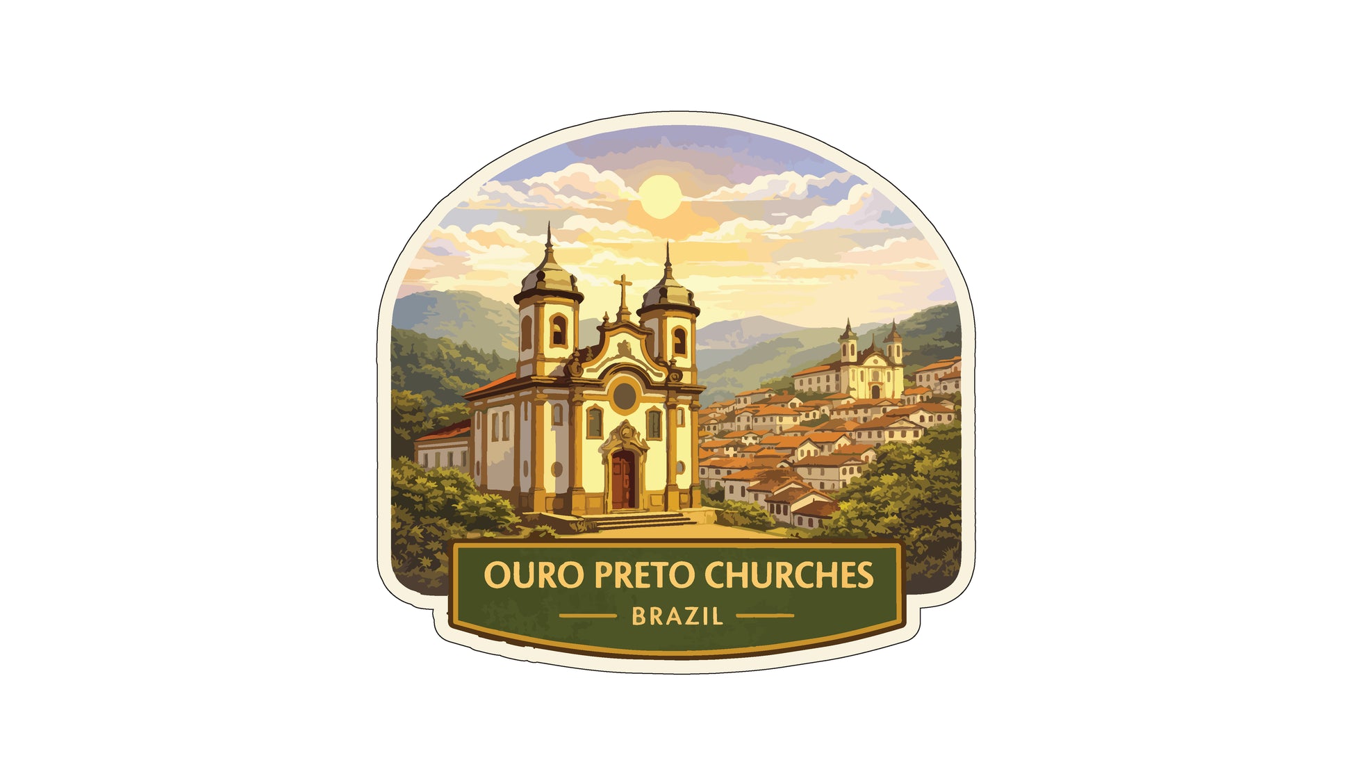 a church with two towers, surrounded by a picturesque town with buildings and greenery. The sky is filled with clouds, and the sun is shining brightly. The text "OURO PRETO CHURCHES BRASIL" is displayed below the church and town scene.