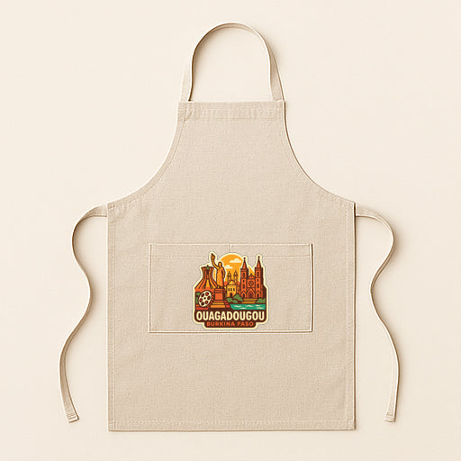 A beige apricot with a graphic design depicting a city skyline and the text "OUAGADOUGOU" printed on it.
