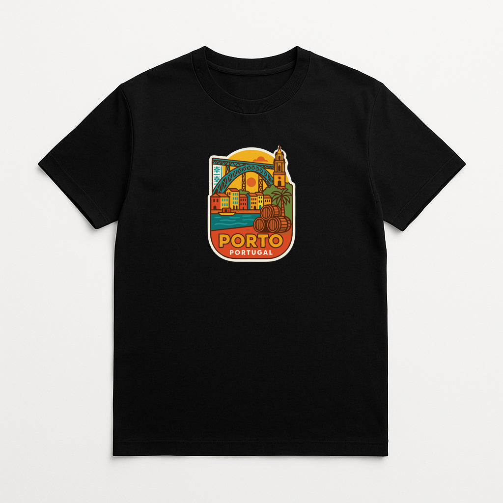 A black t-shirt with a colorful graphic depicting a cityscape and the word "PORTO" printed on it.