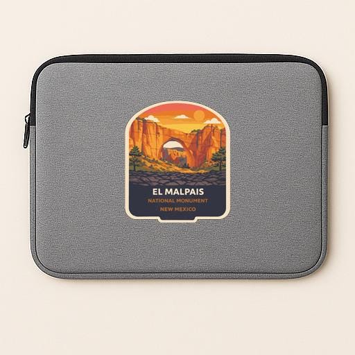 A gray laptop sleeve with a graphic design depicting the El Malpais National Monument in New Mexico.