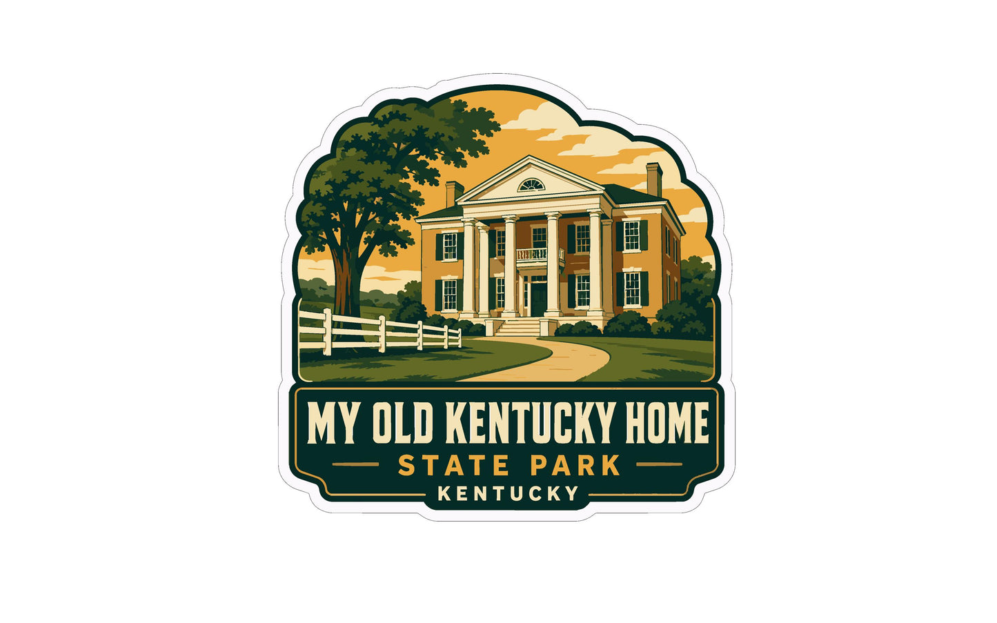 A vintage-style illustration of a large, stately house with columns and a wrap-around porch, surrounded by a lush, green landscape with trees and a winding path.