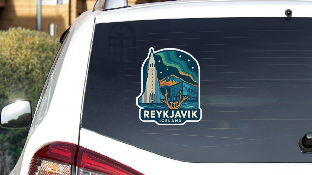 a sticker on the rear window of a car that says " Reykjavik Iceland".