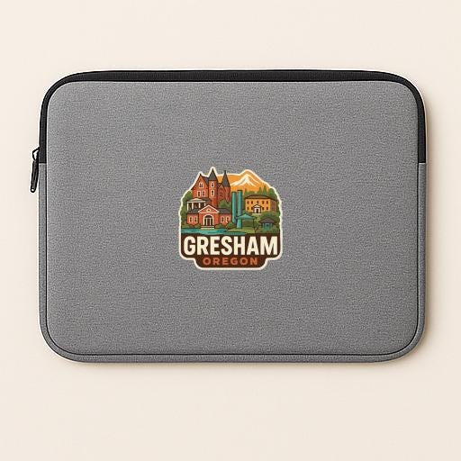 A gray laptop sleeve with a graphic design featuring a cityscape and the text "Gresham, Oregon" printed on it.