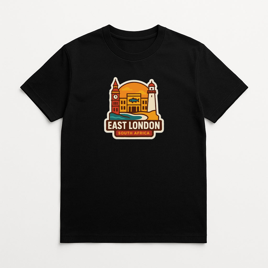 A black t-shirt with a graphic design depicting landmarks and buildings, along with the text "EAST LONDON SOUTH AFRICA".