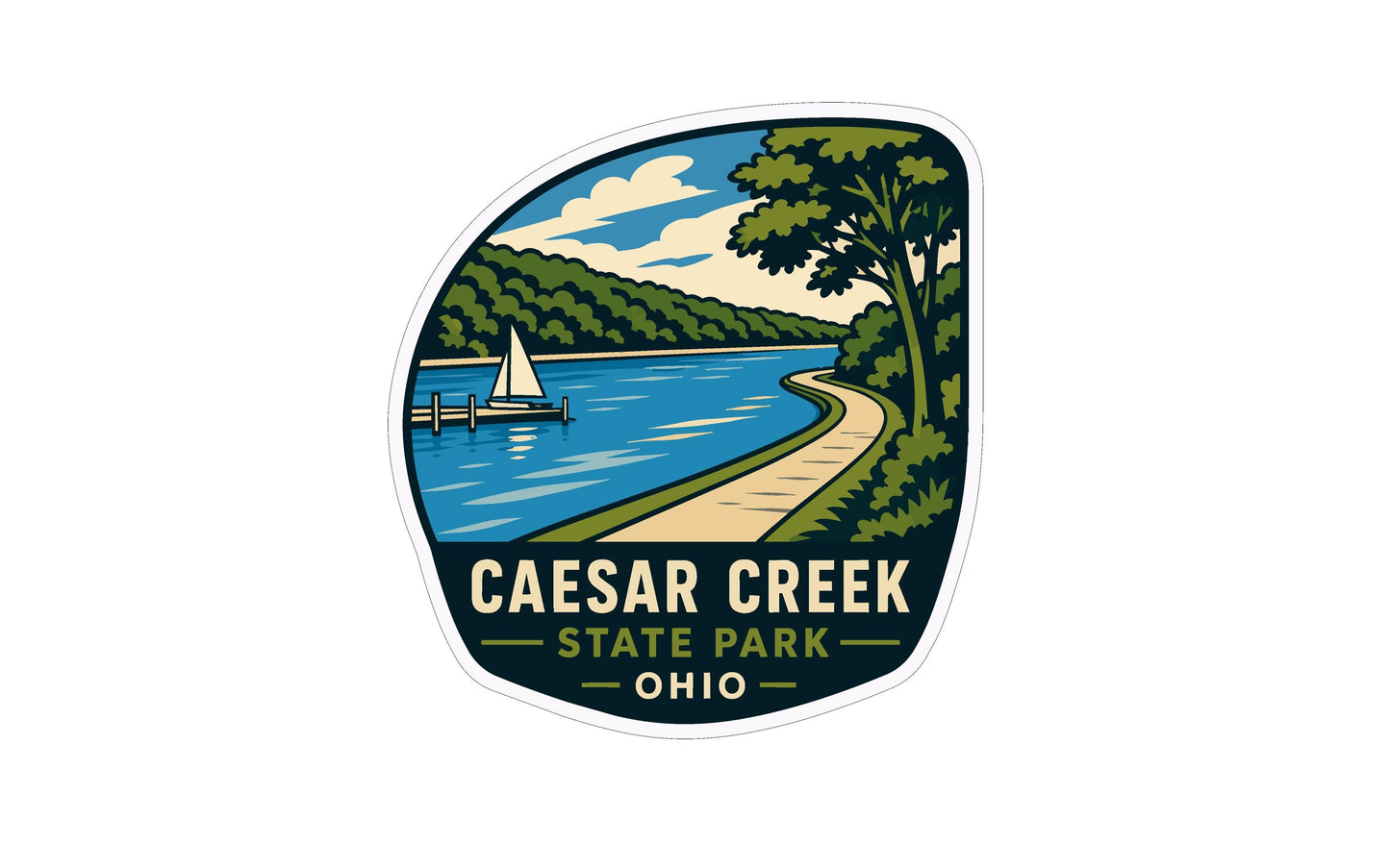 a sticker or emblem with a scenic view of a lake and a sailboat, along with the text "CAESAR CREEK STATE PARK OHIO".