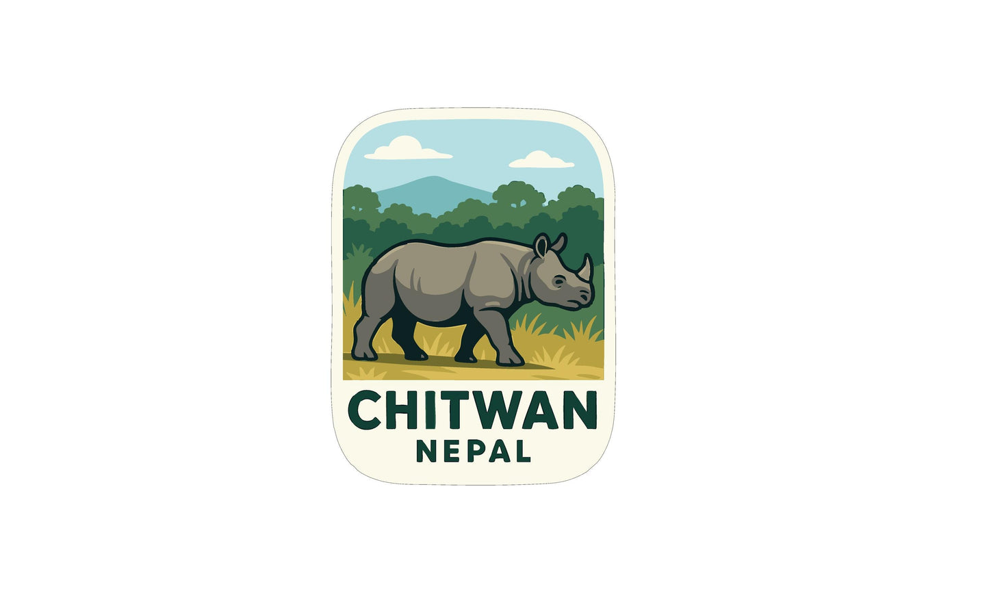 a rhinoceros in a grassy field with mountains in the background, and the text "CHITWAN NEPAL" below the illustration.