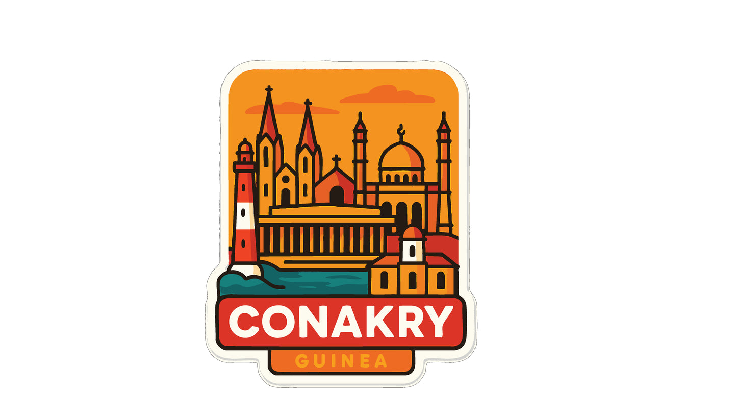 a sticker or emblem with a stylized illustration of a city skyline, including various architectural elements such as domes, spires, and towers. The text "CONAKRY GUINEA" is prominently displayed, indicating the location or name of the city.