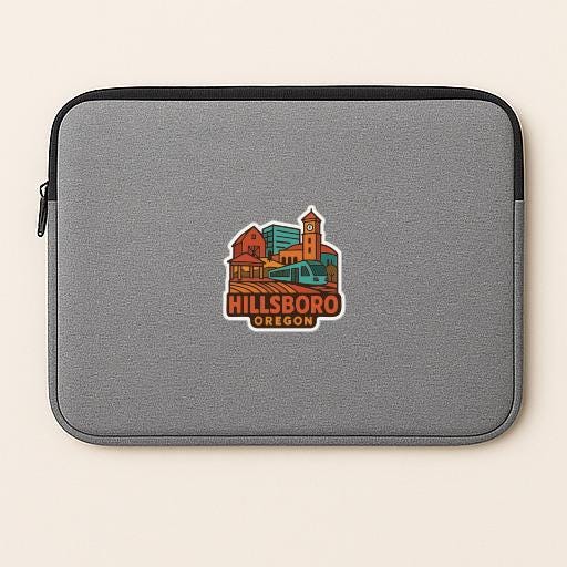 A gray laptop sleeve with a colorful sticker depicting a cityscape and the text "Hillsboro, Oregon" printed on it.