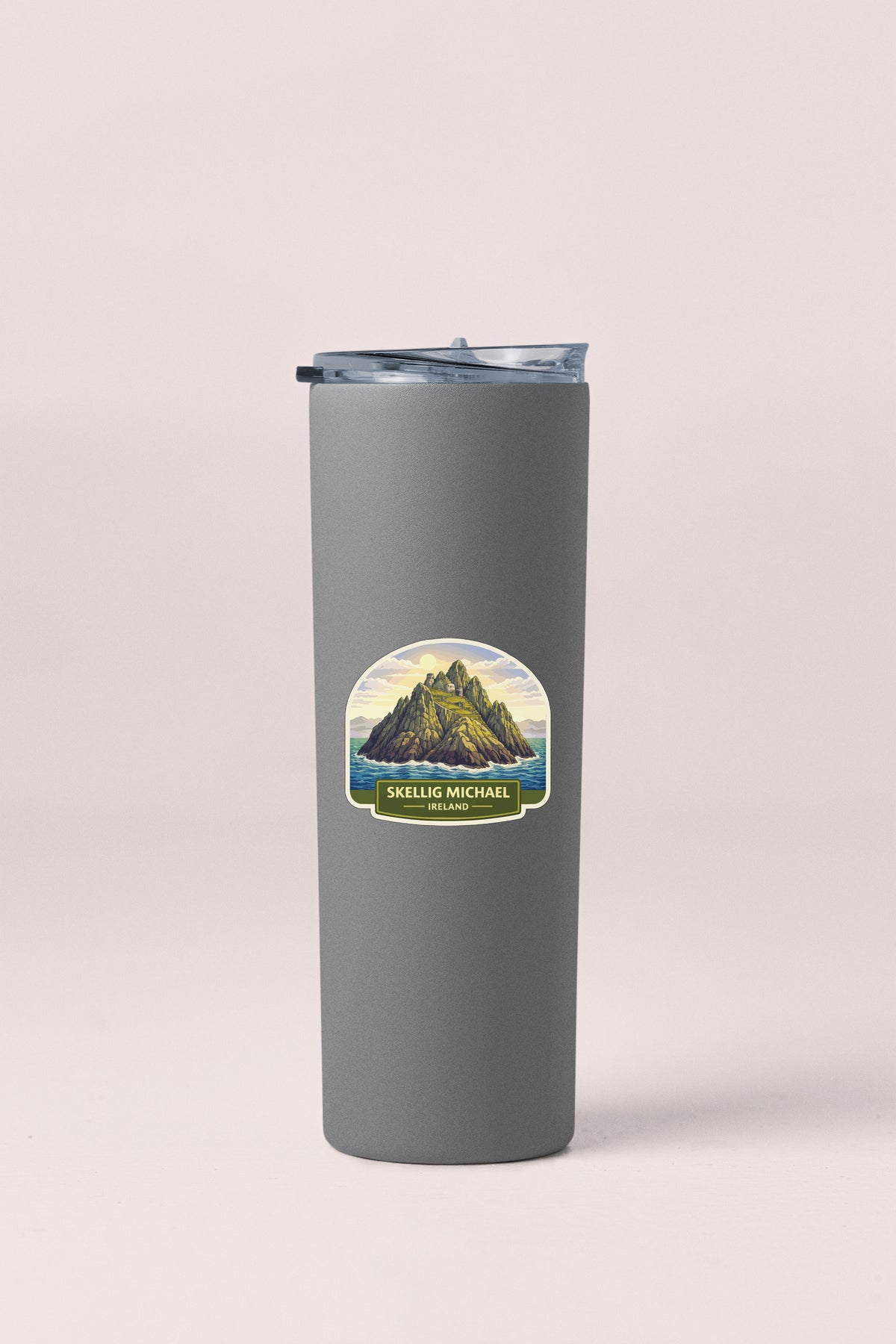 A gray tumbler with a label that says "Skellig Michael's Ireland" on it.