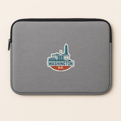 A gray laptop sleeve with a Washington D.C. logo printed on it.