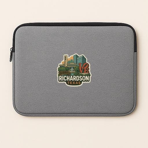 A gray laptop sleeve with a sticker that says "Love Richardson, Texas" printed on it.