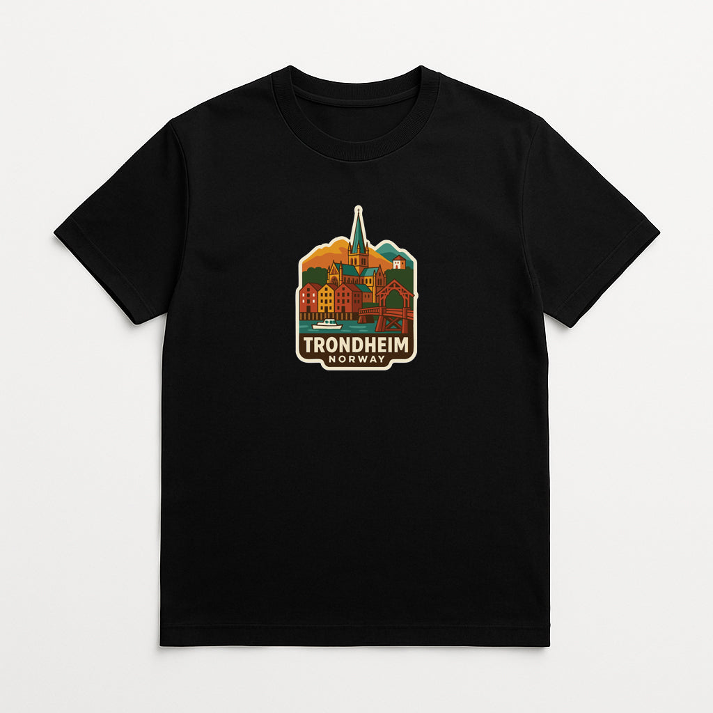 A black t-shirt with a graphic design depicting a cityscape and the text "TRONDHEIM NORWAY" printed on it.
