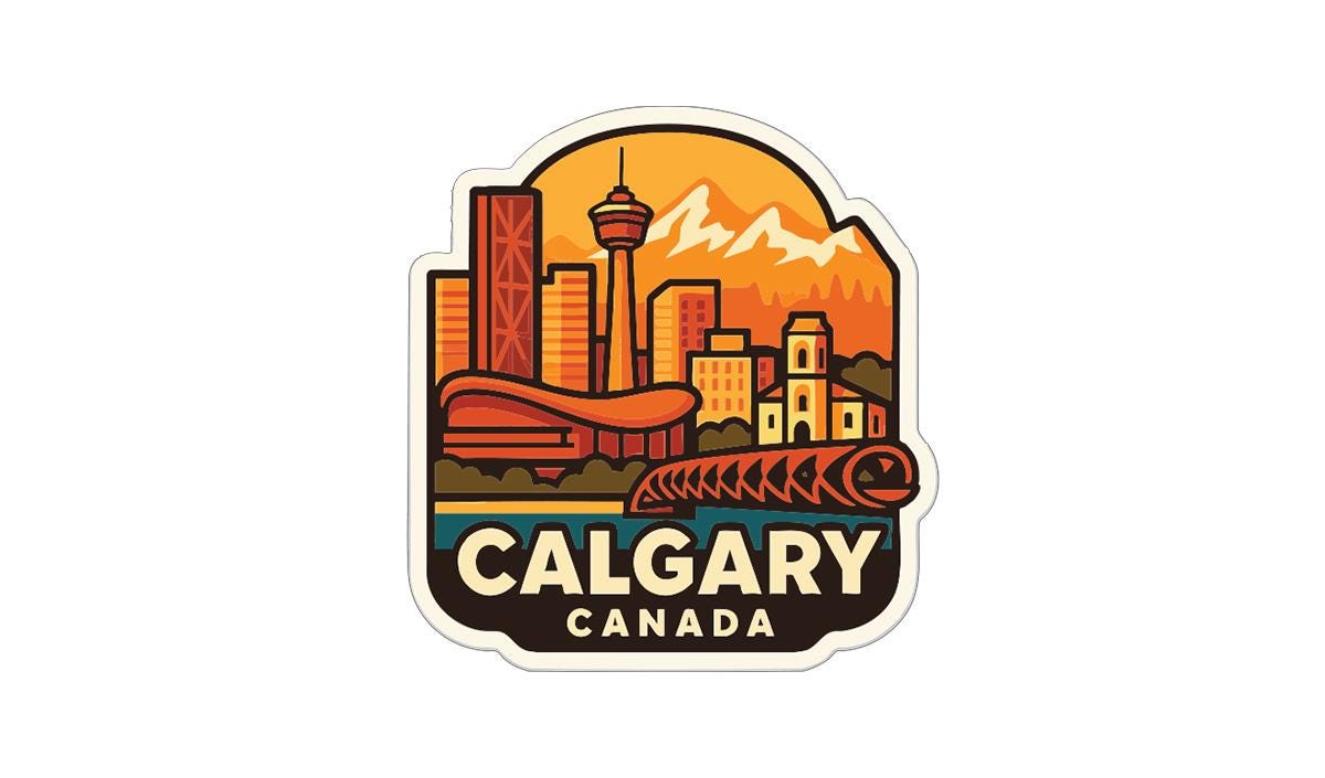 a stylized illustration of the city of Calgary, Canada, with various landmarks and elements representing the city's skyline and landscape.