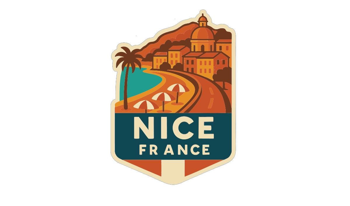 A sticker or emblem featuring a beach scene with palm trees, buildings, and a road, along with the text "NICE FRANCE" prominently displayed.