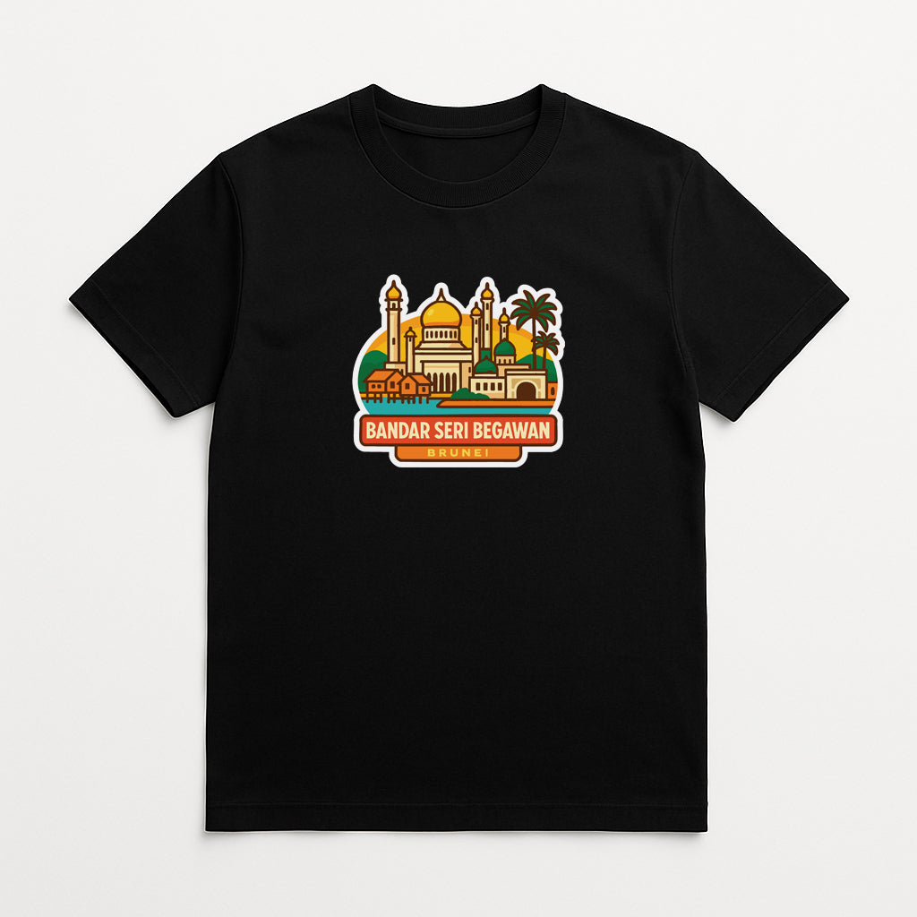 A black t-shirt with a graphic design depicting a city skyline, including a prominent mosque with a dome and minaret. The text below the design reads "BANDAR SERI BEGAWAN BANGKOK, SINGAPORE".