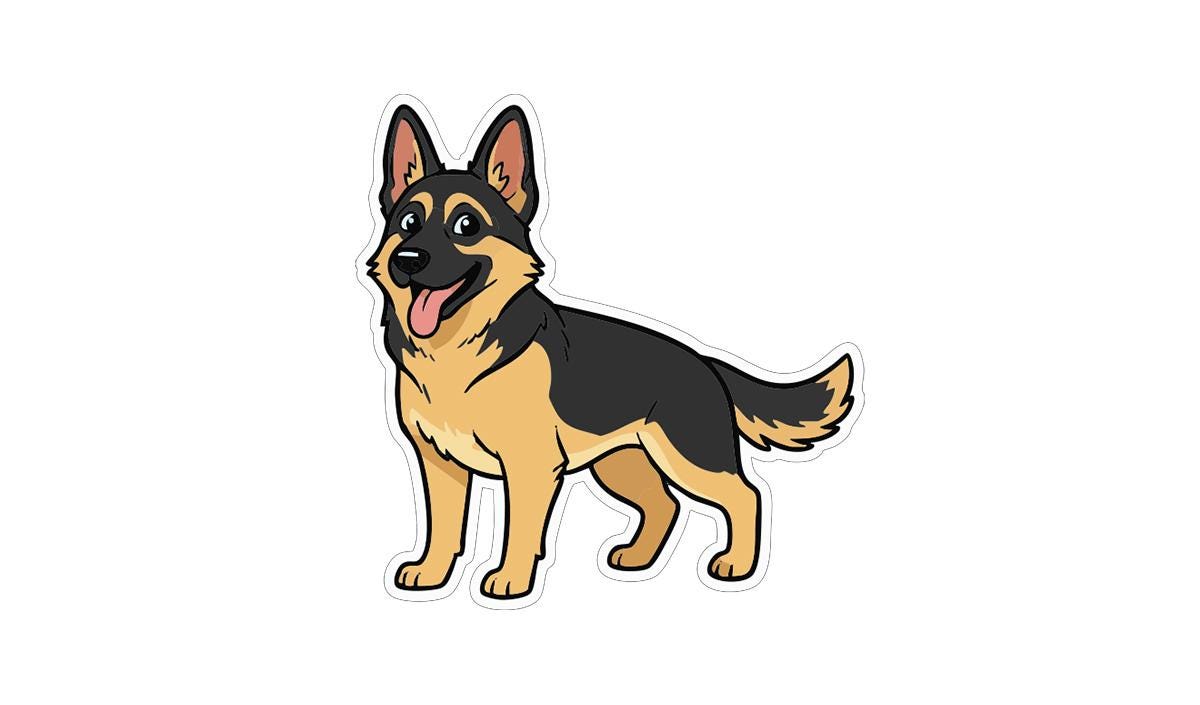 A cartoon illustration of a German Shepherd dog with a friendly expression.