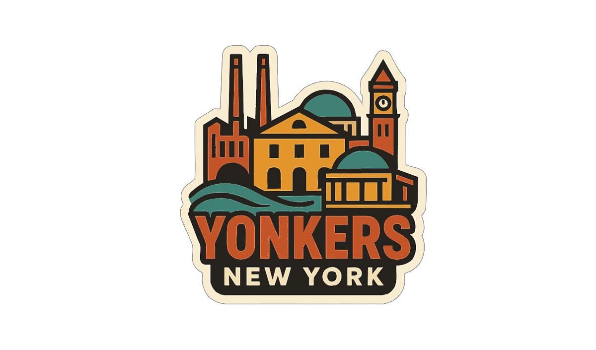 A sticker or logo depicting the city of New York, with various landmarks and buildings in a stylized illustration.