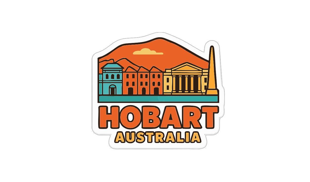 A sticker depicting the Hobart, Australia skyline with a mountain in the background and colorful buildings.