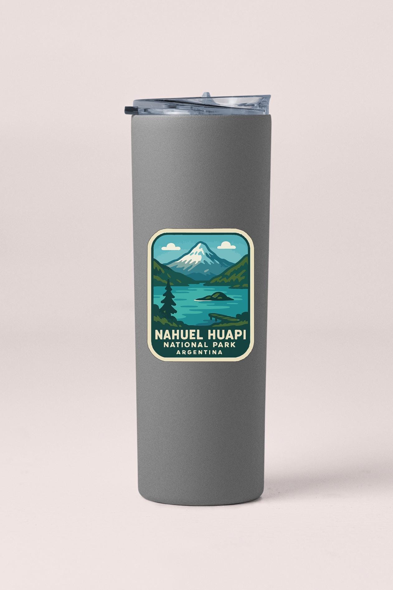 A gray insulated tumbler with a label that says "Nahuel Huapi National Park Argentina".