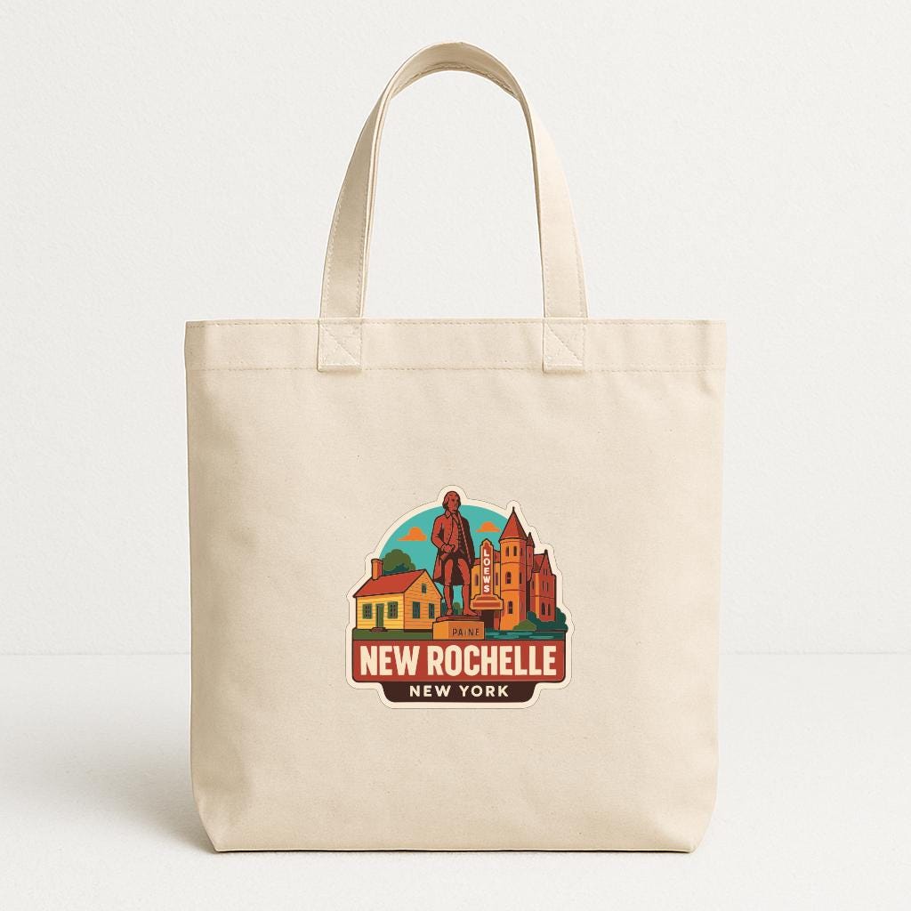 A beige tote bag with a printed design depicting a cityscape and a statue, along with the text "NEW ROCHELLE NEW YORK".
