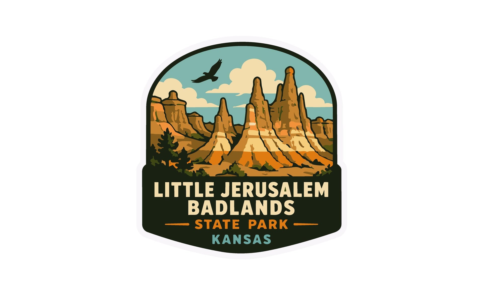 A sticker or logo depicting a scenic landscape with mountains, trees, and a bird in flight, with the text "LITTLE JERUSALEM BADLANDS STATE PARK KANSAS" prominently displayed.