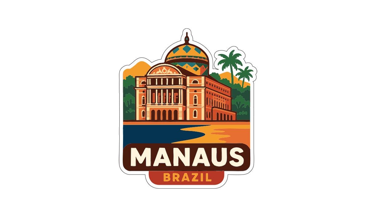 a sticker or logo depicting the Manaus, Brazil, with a colorful illustration of the city's architecture and palm trees.