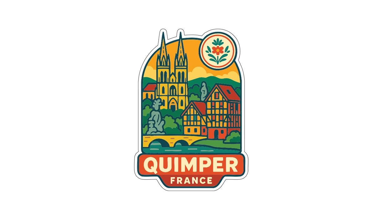 A colorful sticker depicting the Quimper region in France, featuring traditional buildings, a cathedral, and a bridge.