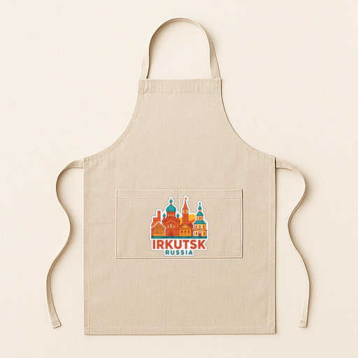 A beige apricot with a graphic of the city of Irkutsk, Russia, printed on it.