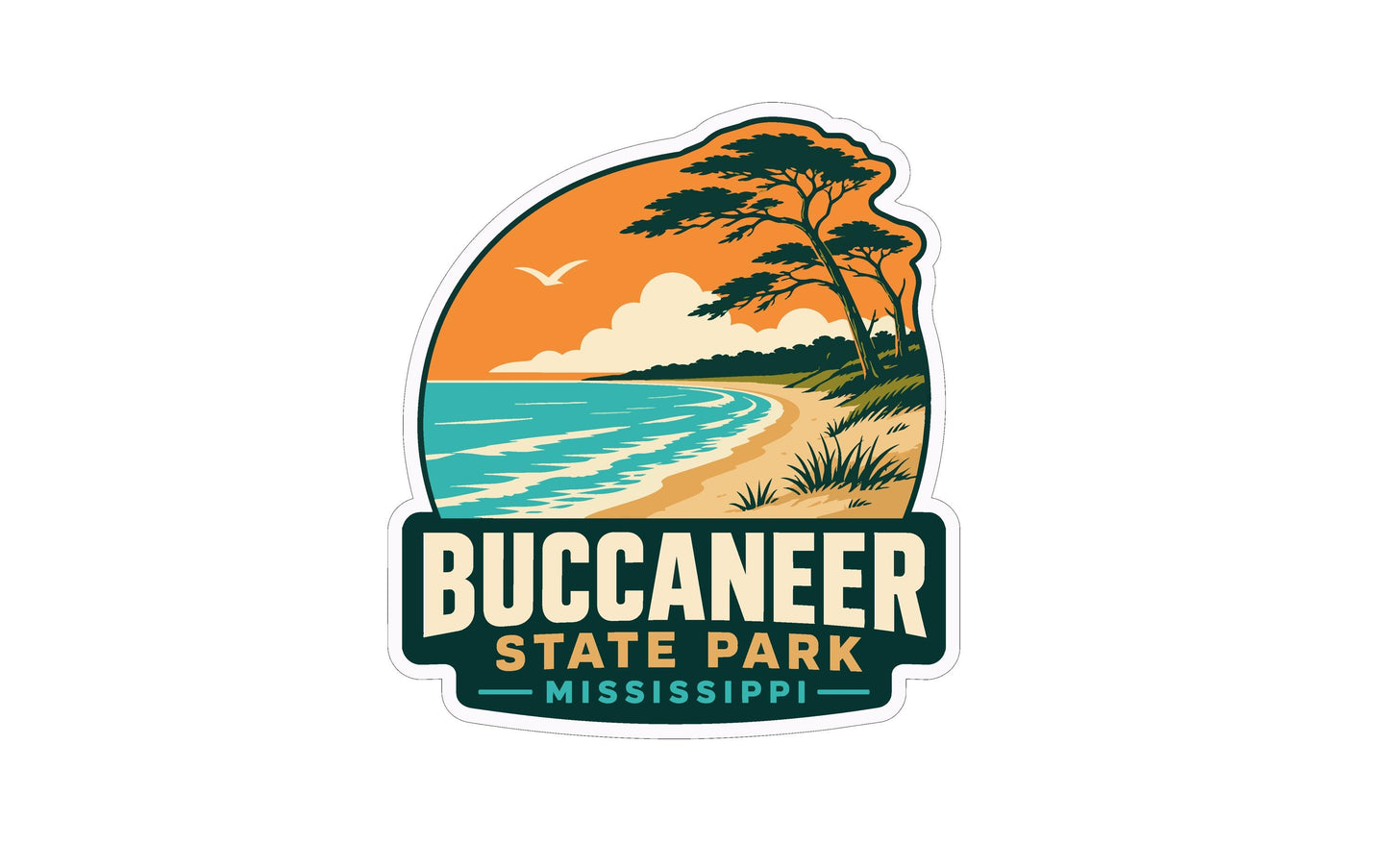 A sticker or logo depicting a scenic beach landscape with palm trees, a body of water, and a bird flying overhead. The text "BUC caneer STATE PARK MISSISSIPPI" is prominently displayed, indicating the location of the park.